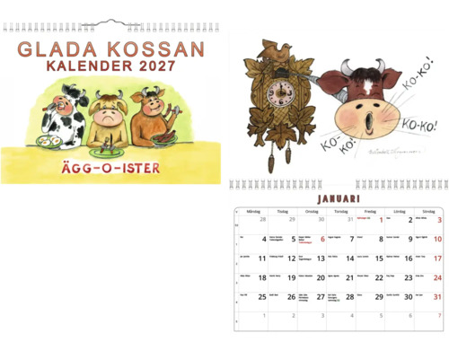 Väggkalender Glada Kossan 2027 med tecknade illustrationer av kor och svenskt kalendarium.