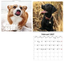 Väggkalender 2027 med hundmotiv, framsida med en corgi och månadssida för februari med en svart hund.