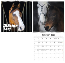 Väggkalender 2027 med hästmotiv, månadsöversikt med olika hästraser och svensk text.