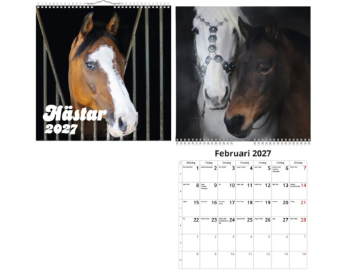 Väggkalender 2027 med hästmotiv, månadsöversikt med olika hästraser och svensk text.