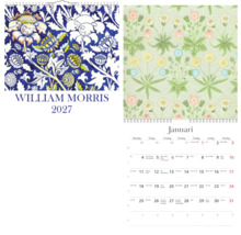 Väggkalender 2027 av William Morris med blommiga och botaniska mönster samt månadsöversikt.