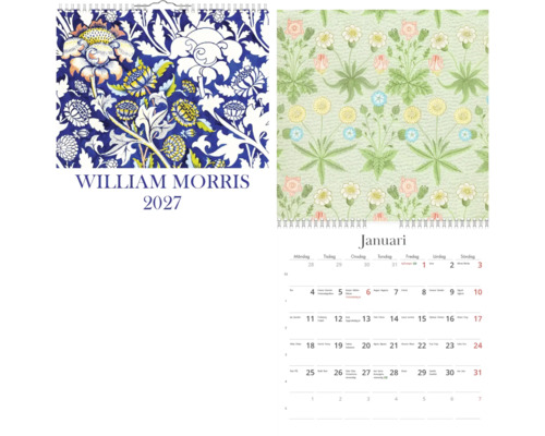 Väggkalender 2027 av William Morris med blommiga och botaniska mönster samt månadsöversikt.