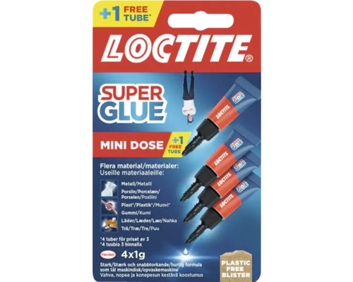 Loctite Super Glue Mini Dose sekundlim, fyra tuber om ett gram vardera i plastfri förpackning för metall, porslin, plast, gummi, läder och trä.