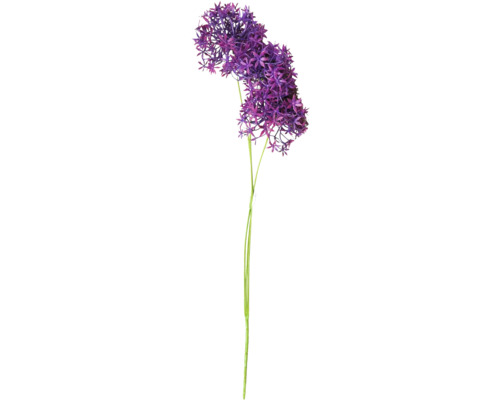 Konstgjord allium med lila blomhuvuden och en lång grön stjälk.