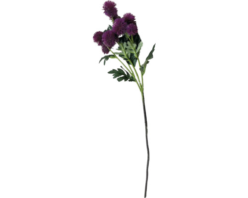 Konstgjord tistel med lila blommor och gröna blad på den långa stjälken.
