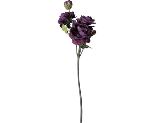 Konstgjord pion i mörklila med tre blommor och en knopp på stjälk