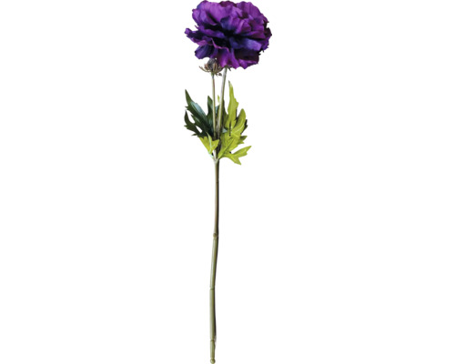 Konstgjord lila ranunkel med grön stjälk och blad.