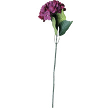 Konstgjord hortensia med lila blommor, gröna blad och lång stjälk.
