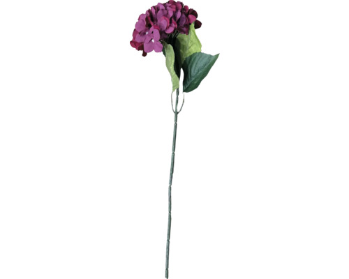 Konstgjord hortensia med lila blommor, gröna blad och lång stjälk.