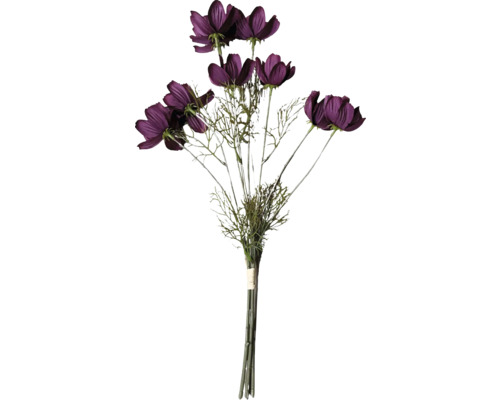 Konstgjord blombukett med lila rosenskära och gröna stjälkar.