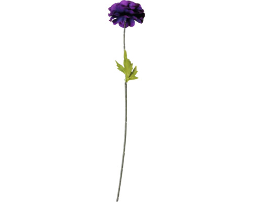 Konstgjord lila anemon på stjälk med grönt blad.