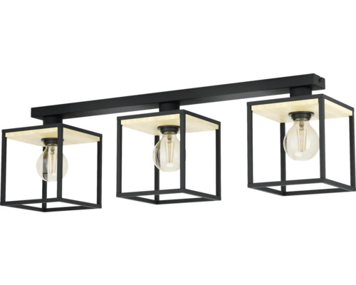 Taklampa med tre lampor, trä och metall