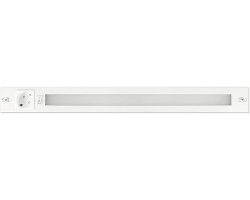 Vit LED-underskåpsbelysning med integrerat eluttag och strömbrytare.