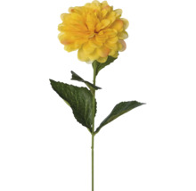 Konstgjord dahlia med gul blomma och gröna blad på en stjälk.
