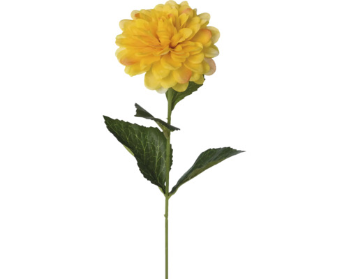 Konstgjord dahlia med gul blomma och gröna blad på en stjälk.