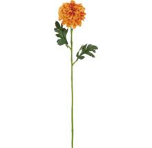 Konstgjord krysantemum med orange blomma, grön stjälk och flikiga blad.