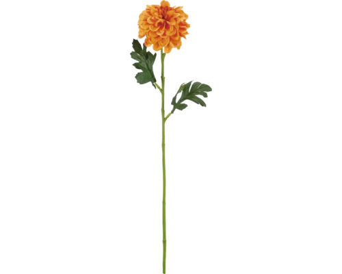 Konstgjord krysantemum med orange blomma, grön stjälk och flikiga blad.