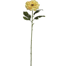 Konstgjord gul ranunkel med en blomma, lång grön stjälk och blad.