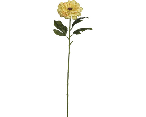 Konstgjord gul ranunkel med en blomma, lång grön stjälk och blad.