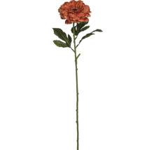 Konstgjord orange ranunkel med lång stjälk och blad.