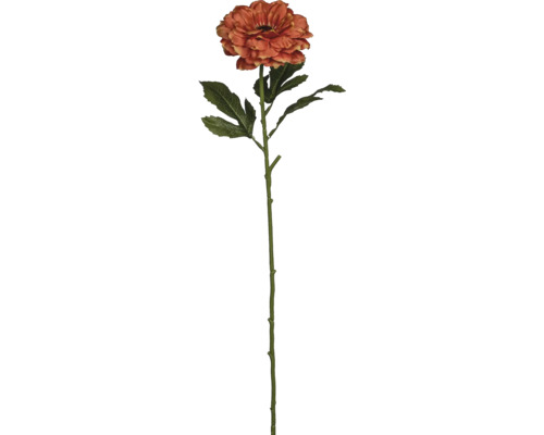 Konstgjord orange ranunkel med lång stjälk och blad.