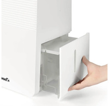 Detaljbild av en avfuktare med utdraget vattenbehållare