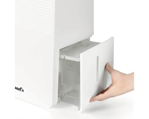 Detaljbild av en avfuktare med utdraget vattenbehållare