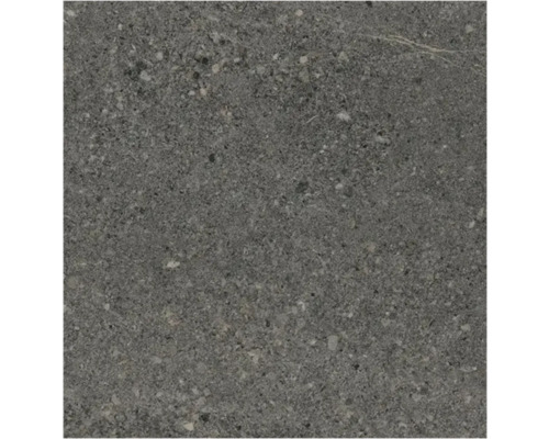Mörkgrå granitkeramikplatta i stenoptik med strukturerad och spräcklig yta.