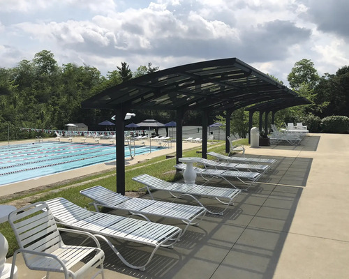 Poolområde med solstolar och tak.