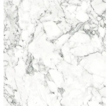 Kakel med marmorlook och grå ådring på vit botten.