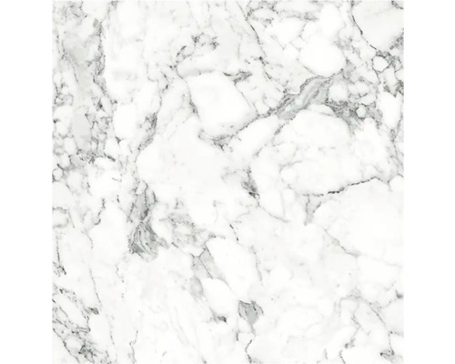 Kakel med marmorlook och grå ådring på vit botten.