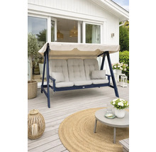 Tre-sits trädgårdsgunga av blått trä med grå dynor och beige tak på en träterrass.