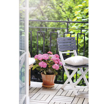 Balkong med stolar, kudde, blommor och terrassplattor