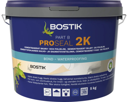Bostik Logo, Bostik Proseal tvåkomponent Del B, cementbaserat skarv- och folielim för tätskikt, 5 kilograms hink.