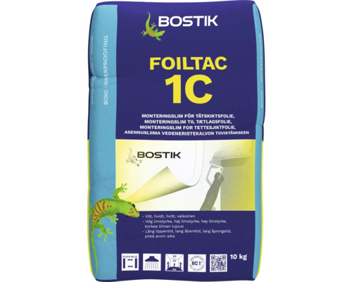 Bostik Logo, Foiltac 1C monteringslim för tätskiktsfolie, 10 kilogram säck, flexibelt, GEV-EMICODE EC1 Plus för mycket låga emissioner.