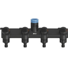 for_q 4-vägs vattenfördelare i svart plast med fyra individuellt ställbara utlopp för trädgårdsbevattning.