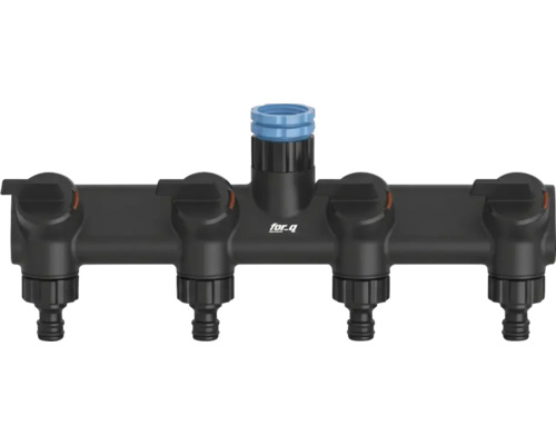 for_q 4-vägs vattenfördelare i svart plast med fyra individuellt ställbara utlopp för trädgårdsbevattning.
