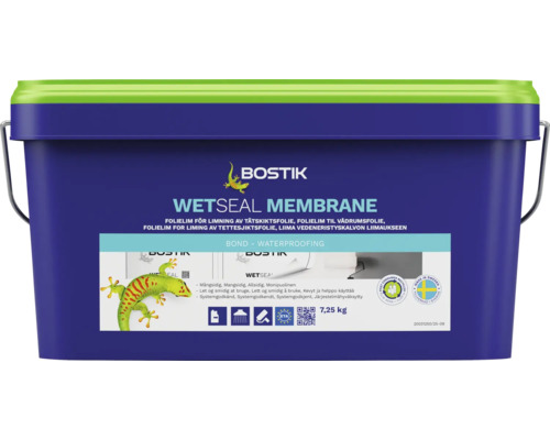 Bostik Wetseal Membrane, folielim för limning av tätskiktsfolie i våtrum, blå hink på 7,25 kilogram, Bostik Logo.