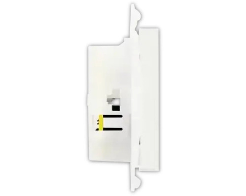 Sidovy av en vit dvärgbrytare i plast för montering på montageskena.