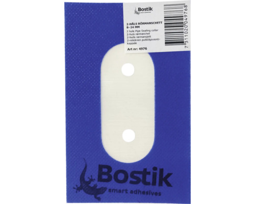 Bostik rörmanschett med två hål för rör från 8 till 24 millimeter. Bostik Logo.