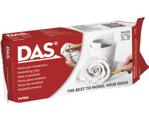 Modellera DAS lufttorkande vit i originalförpackning med användningsexempel.