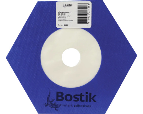 Blå och vit sexkantig Bostik rörmanschett för rör med diameter 32 till 55 millimeter.