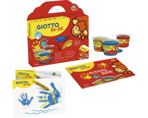 Giotto be-bè fingerfärgset med tre färgburkar, en aktivitetsbok och mallar för barn från två år.