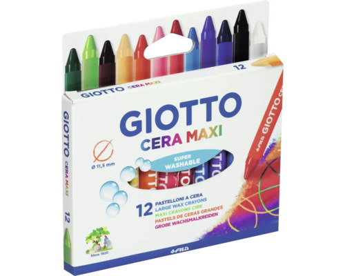 Giotto Cera Maxi, förpackning med 12 stora vaxkritor, supertvättbara, diameter 11,5 millimeter.