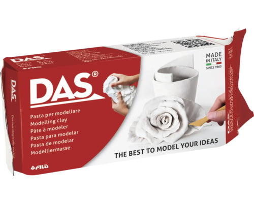 Lufttorkande modelleringslera DAS i vitt, förpackning som visar händer som formar en ros, Fila Logo, tillverkad i Italien