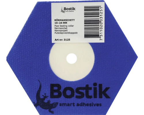 Blå Bostik rörmanschett för rör med diameter 10 till 24 millimeter.