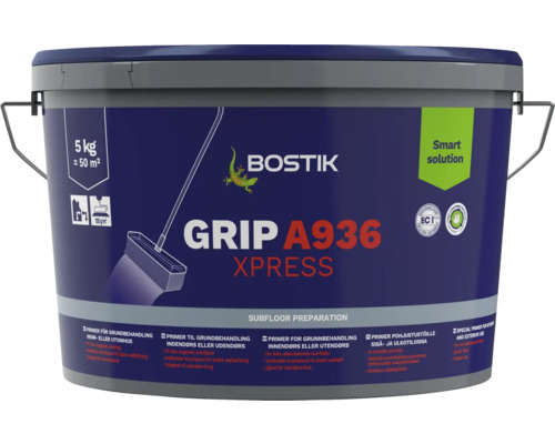 Bostik Logo. Bostik GRIP A936 XPRESS specialprimer för icke-sugande underlag, 5 kilogram hink, mycket låga emissioner, för inomhus- och utomhusbruk.