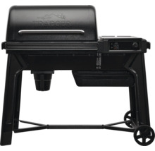 Traeger pelletgrill med lock, handtag, digital kontrollpanel och hjul.