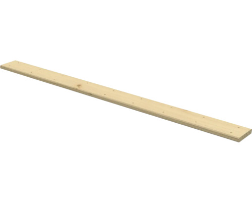 Lång träplanka i ljust trä med förborrade hål.