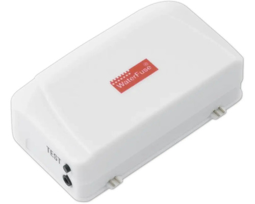 Vit WaterFuse vattensensor för läckageskydd med testknapp.